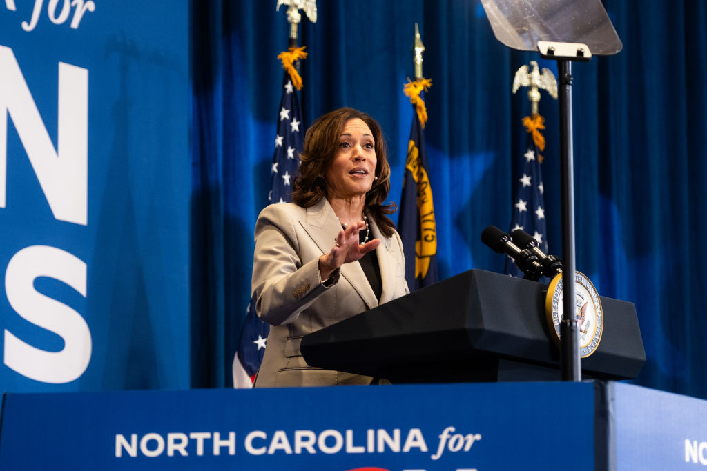 US Vice President Kamala Harris speaks during a campaign event